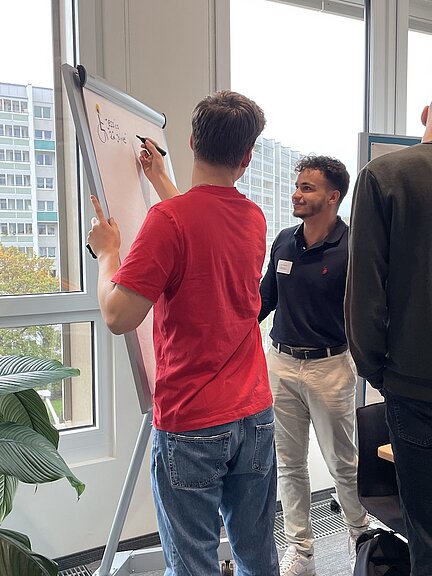 Menschen beschreiben ein Flipchart