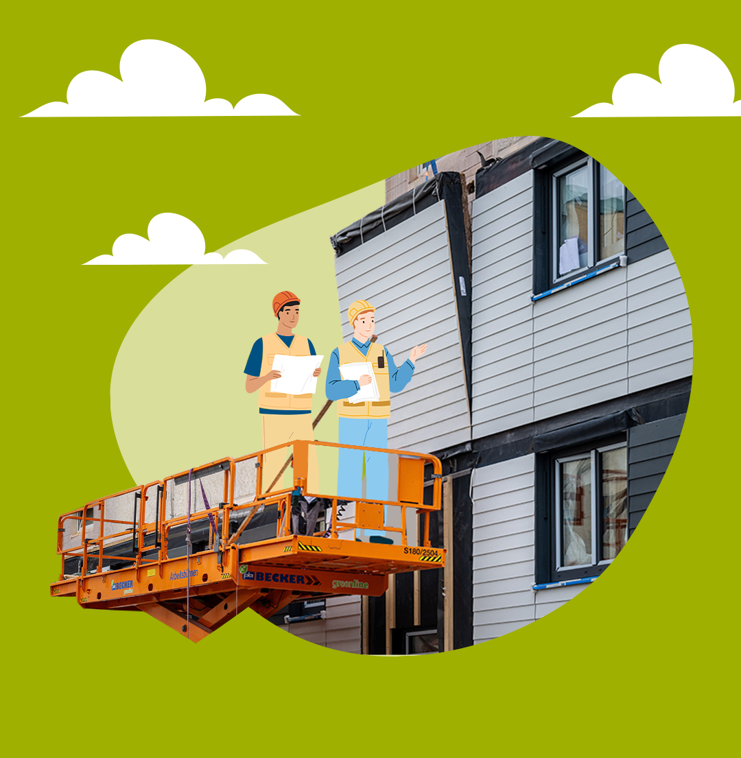 Zwei animierte Personen stehen auf einer Hebebühne.