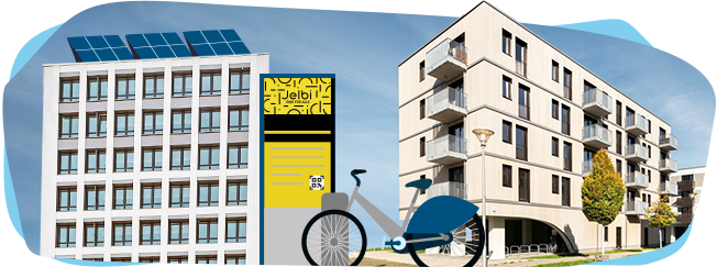 Illustration von Gebäuden mit Jelbi Fahrrad-Station