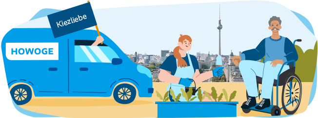 HOWOGE gebrandetes Auto mit illustrierten Personen beim Befpflanzen