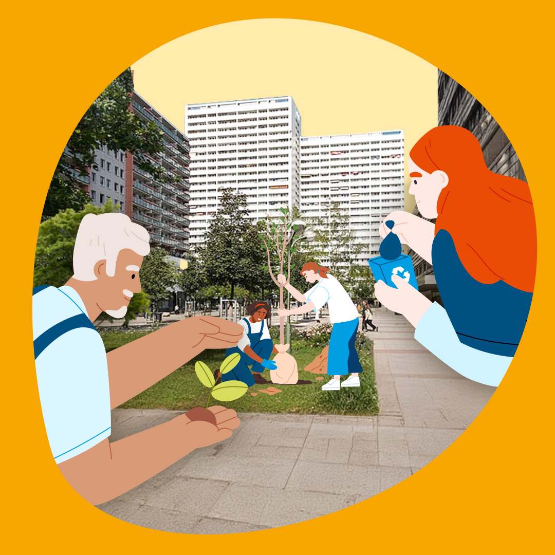 Illustrationen mit Kindern, die einen Baum pflanzen