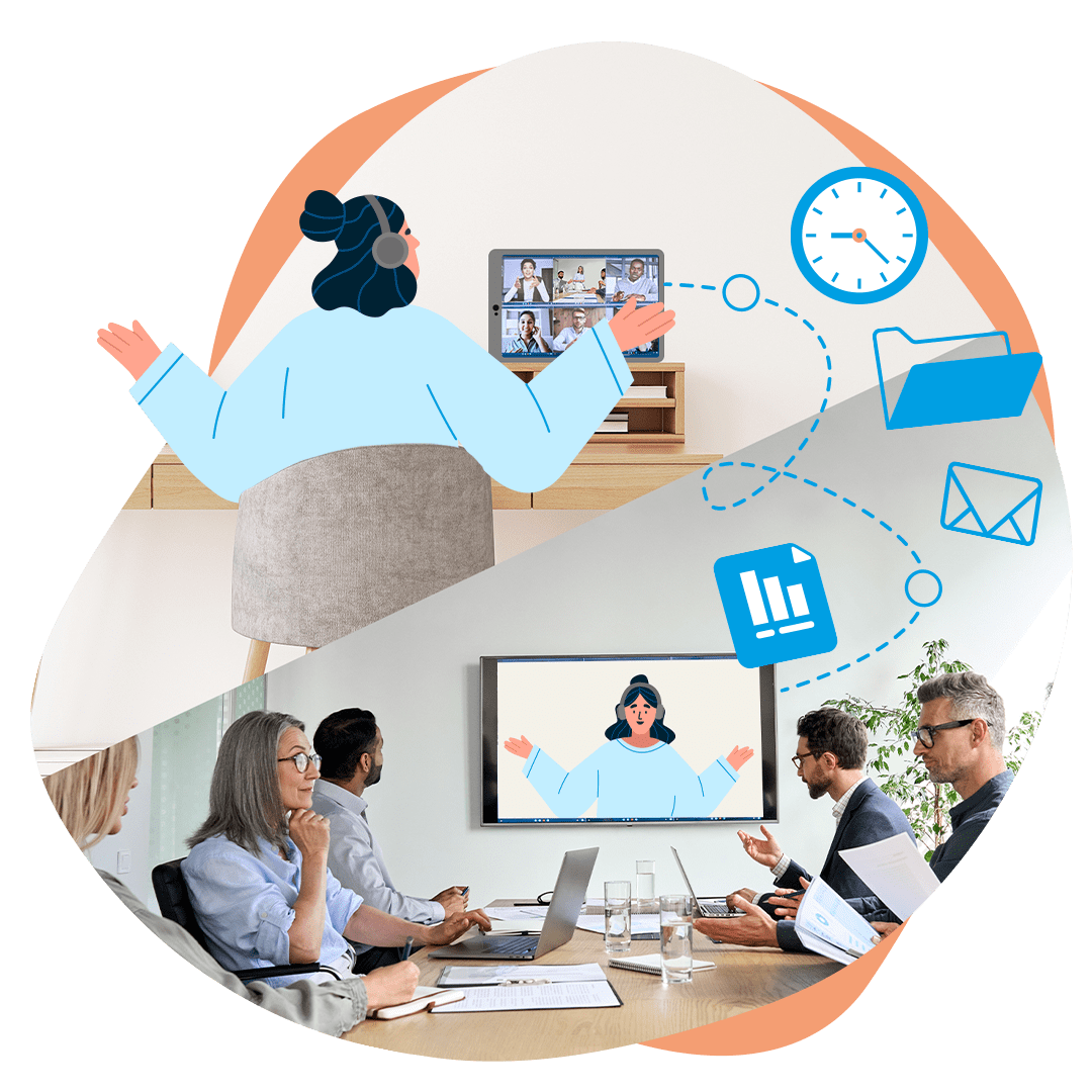 Illustration einer Person im Home Office und von Personen im Büro. Beide sind in einer gemeinsamen Videokonferenz